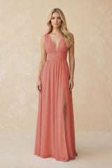 V - Neck A - Line Chiffon Ruched Bridesmaid Dress in Mulberry - KissProm Bridesmaid Dresses