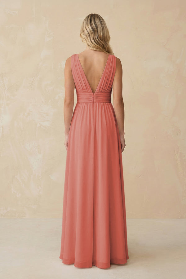 V - Neck A - Line Chiffon Ruched Bridesmaid Dress in Mulberry - KissProm Bridesmaid Dresses