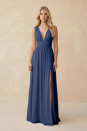 V - Neck A - Line Chiffon Ruched Bridesmaid Dress in Navy - KissProm Bridesmaid Dresses