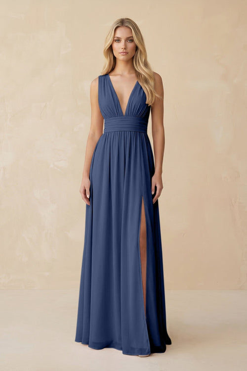 V - Neck A - Line Chiffon Ruched Bridesmaid Dress in Navy - KissProm Bridesmaid Dresses