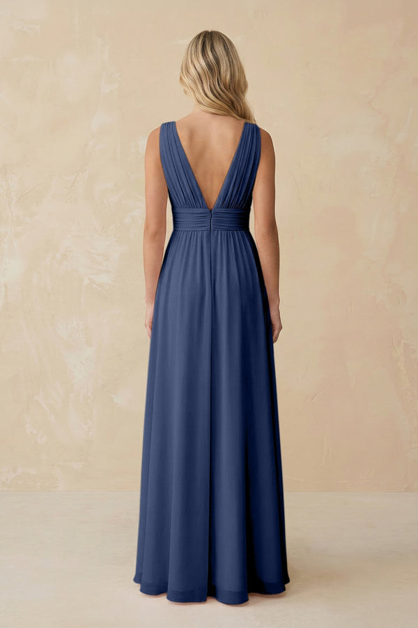 V - Neck A - Line Chiffon Ruched Bridesmaid Dress in Navy - KissProm Bridesmaid Dresses