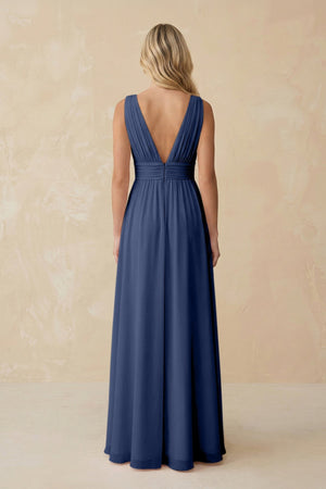 V - Neck A - Line Chiffon Ruched Bridesmaid Dress in Navy - KissProm Bridesmaid Dresses