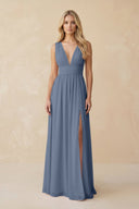 V - Neck A - Line Chiffon Ruched Bridesmaid Dress in Neptune - KissProm Bridesmaid Dresses