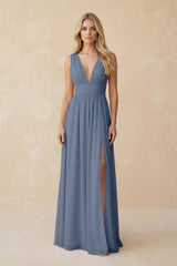 V - Neck A - Line Chiffon Ruched Bridesmaid Dress in Neptune - KissProm Bridesmaid Dresses