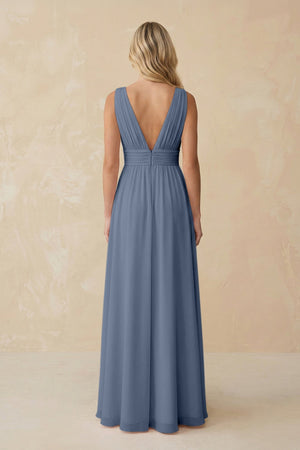 V - Neck A - Line Chiffon Ruched Bridesmaid Dress in Neptune - KissProm Bridesmaid Dresses