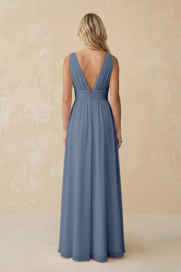 V - Neck A - Line Chiffon Ruched Bridesmaid Dress in Neptune - KissProm Bridesmaid Dresses