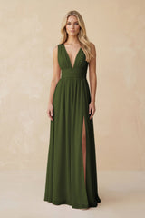 V - Neck A - Line Chiffon Ruched Bridesmaid Dress in Olive - KissProm Bridesmaid Dresses