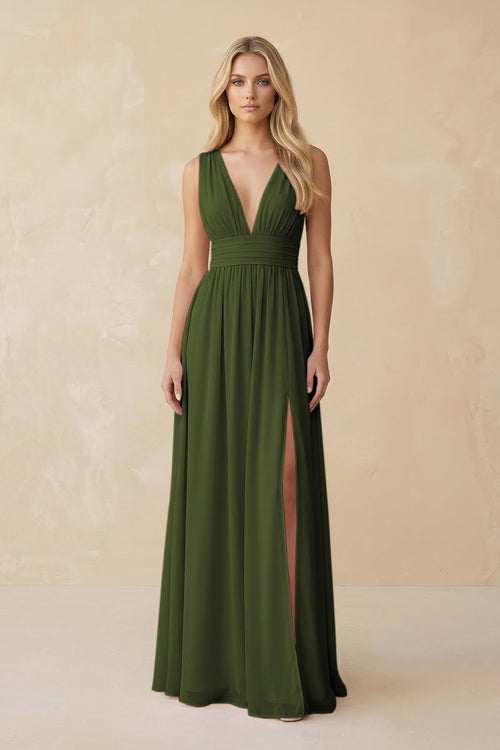 V - Neck A - Line Chiffon Ruched Bridesmaid Dress in Olive - KissProm Bridesmaid Dresses