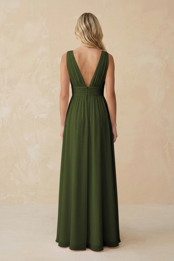 V - Neck A - Line Chiffon Ruched Bridesmaid Dress in Olive - KissProm Bridesmaid Dresses