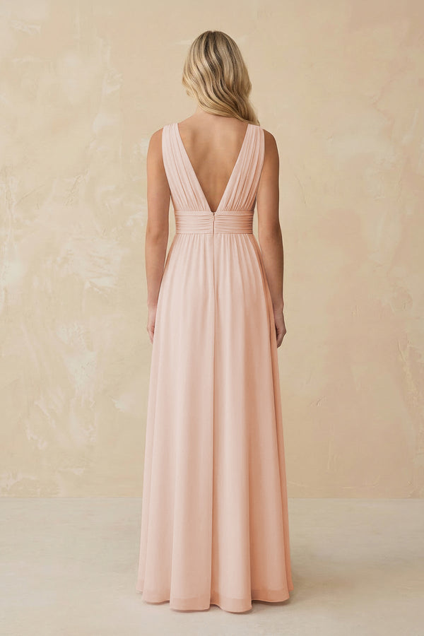 V - Neck A - Line Chiffon Ruched Bridesmaid Dress in Pale Blush - KissProm Bridesmaid Dresses