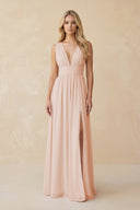 V - Neck A - Line Chiffon Ruched Bridesmaid Dress in Pale Blush - KissProm Bridesmaid Dresses