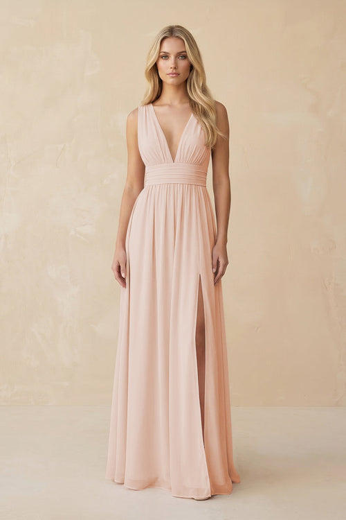 V - Neck A - Line Chiffon Ruched Bridesmaid Dress in Pale Blush - KissProm Bridesmaid Dresses