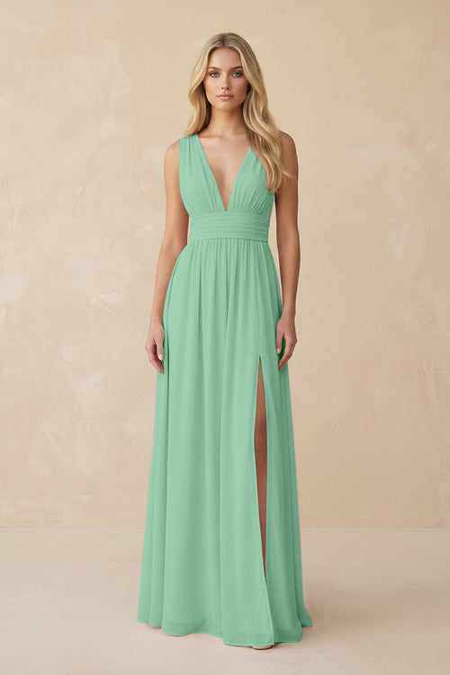 V - Neck A - Line Chiffon Ruched Bridesmaid Dress in Pale Pistachio - KissProm Bridesmaid Dresses