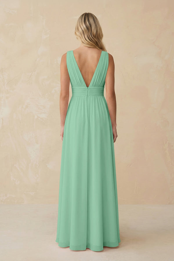 V - Neck A - Line Chiffon Ruched Bridesmaid Dress in Pale Pistachio - KissProm Bridesmaid Dresses