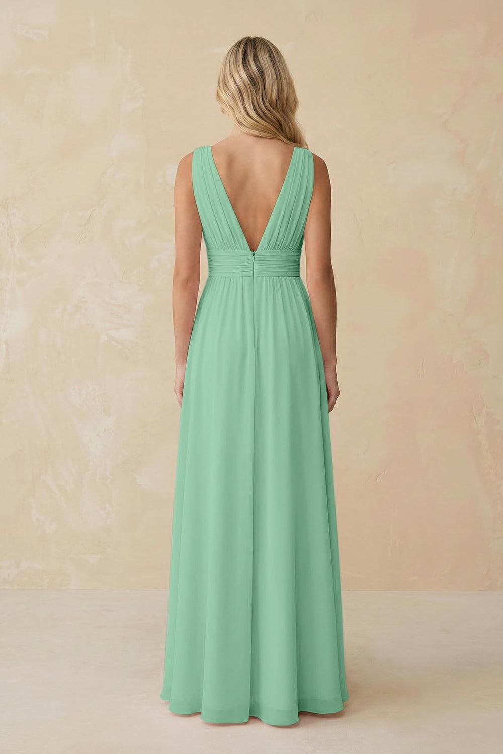V - Neck A - Line Chiffon Ruched Bridesmaid Dress in Pale Pistachio - KissProm Bridesmaid Dresses