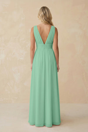 V - Neck A - Line Chiffon Ruched Bridesmaid Dress in Pale Pistachio - KissProm Bridesmaid Dresses