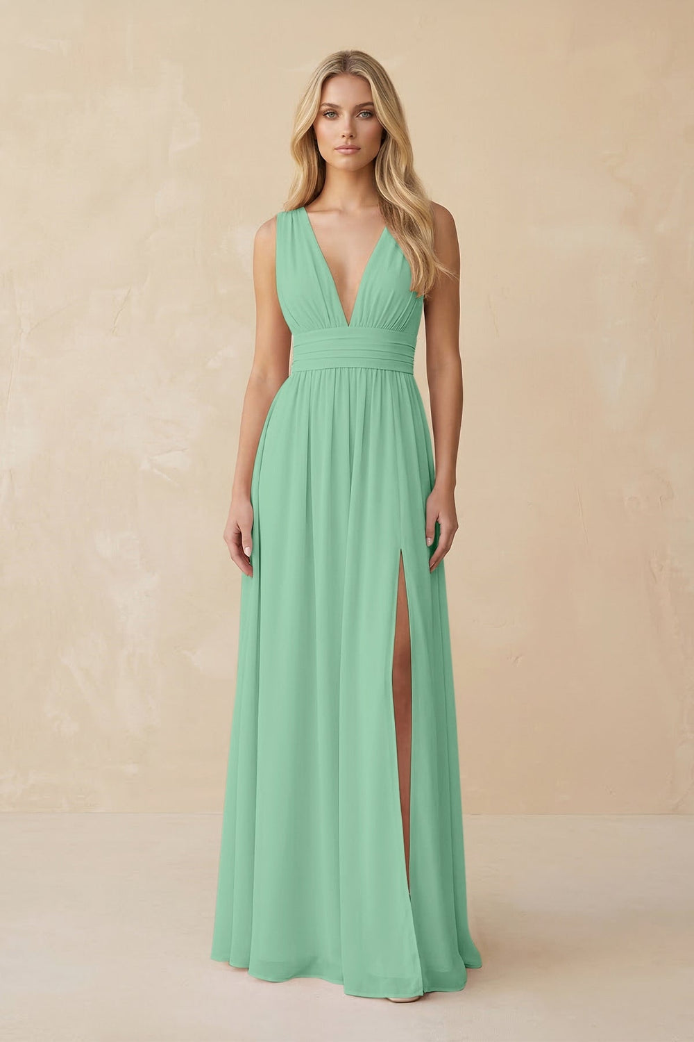 V - Neck A - Line Chiffon Ruched Bridesmaid Dress in Pale Pistachio - KissProm Bridesmaid Dresses