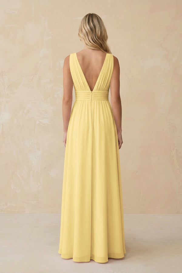 V - Neck A - Line Chiffon Ruched Bridesmaid Dress in Pastel Yellow - KissProm Bridesmaid Dresses