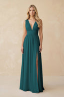 V - Neck A - Line Chiffon Ruched Bridesmaid Dress in Pine - KissProm Bridesmaid Dresses