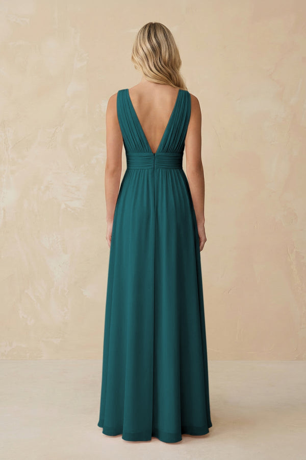 V - Neck A - Line Chiffon Ruched Bridesmaid Dress in Pine - KissProm Bridesmaid Dresses