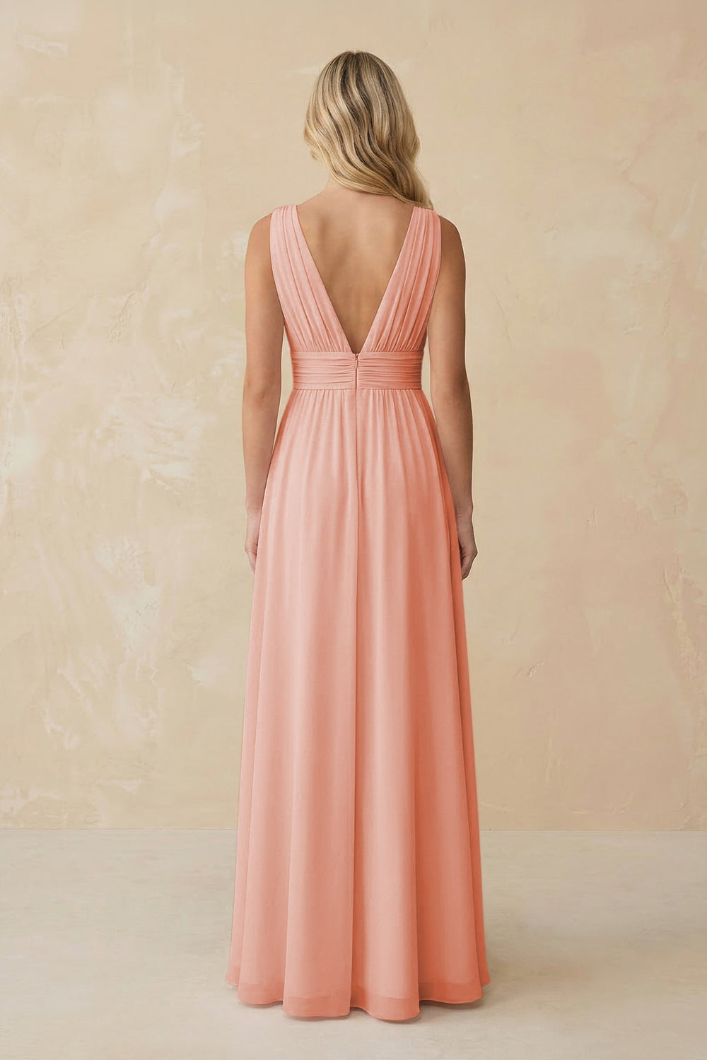 V - Neck A - Line Chiffon Ruched Bridesmaid Dress in Rose Petal - KissProm Bridesmaid Dresses