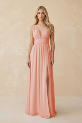 V - Neck A - Line Chiffon Ruched Bridesmaid Dress in Rose Petal - KissProm Bridesmaid Dresses