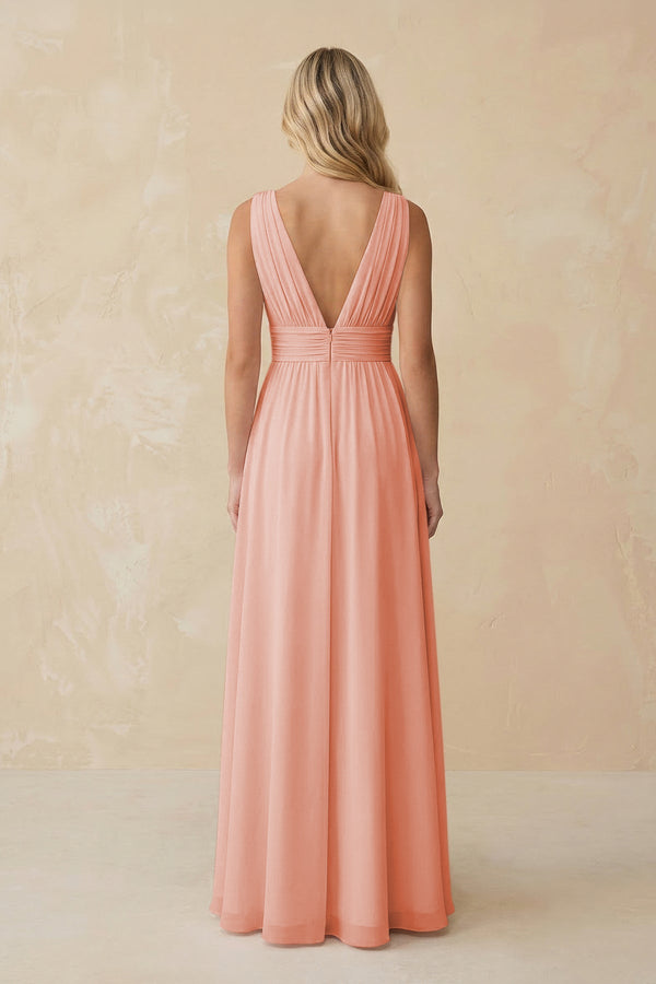 V - Neck A - Line Chiffon Ruched Bridesmaid Dress in Rose Petal - KissProm Bridesmaid Dresses