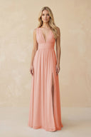 V - Neck A - Line Chiffon Ruched Bridesmaid Dress in Rose Petal - KissProm Bridesmaid Dresses