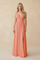 V - Neck A - Line Chiffon Ruched Bridesmaid Dress in Rosette - KissProm Bridesmaid Dresses
