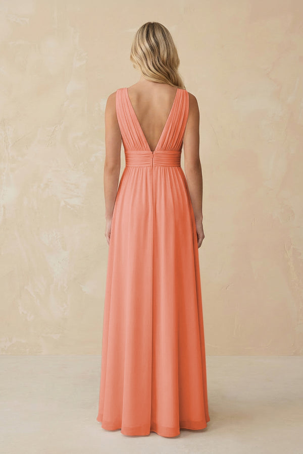 V - Neck A - Line Chiffon Ruched Bridesmaid Dress in Rosette - KissProm Bridesmaid Dresses