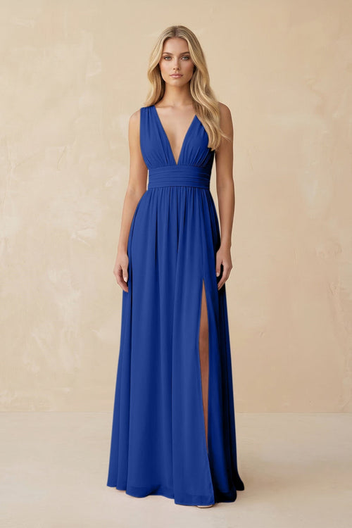 V - Neck A - Line Chiffon Ruched Bridesmaid Dress in Royal Blue - KissProm Bridesmaid Dresses