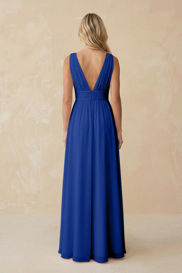 V - Neck A - Line Chiffon Ruched Bridesmaid Dress in Royal Blue - KissProm Bridesmaid Dresses