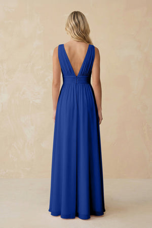 V - Neck A - Line Chiffon Ruched Bridesmaid Dress in Royal Blue - KissProm Bridesmaid Dresses