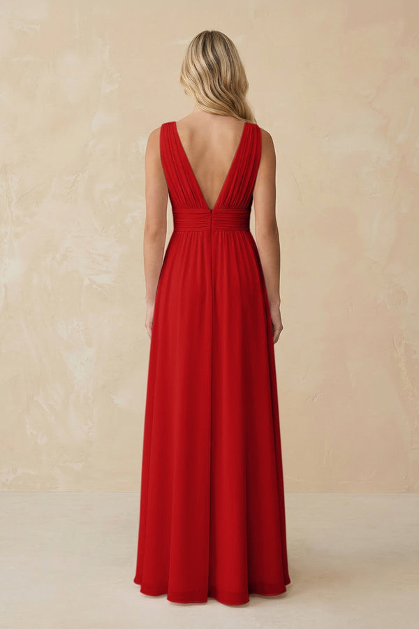 V - Neck A - Line Chiffon Ruched Bridesmaid Dress in Ruby Red - KissProm Bridesmaid Dresses