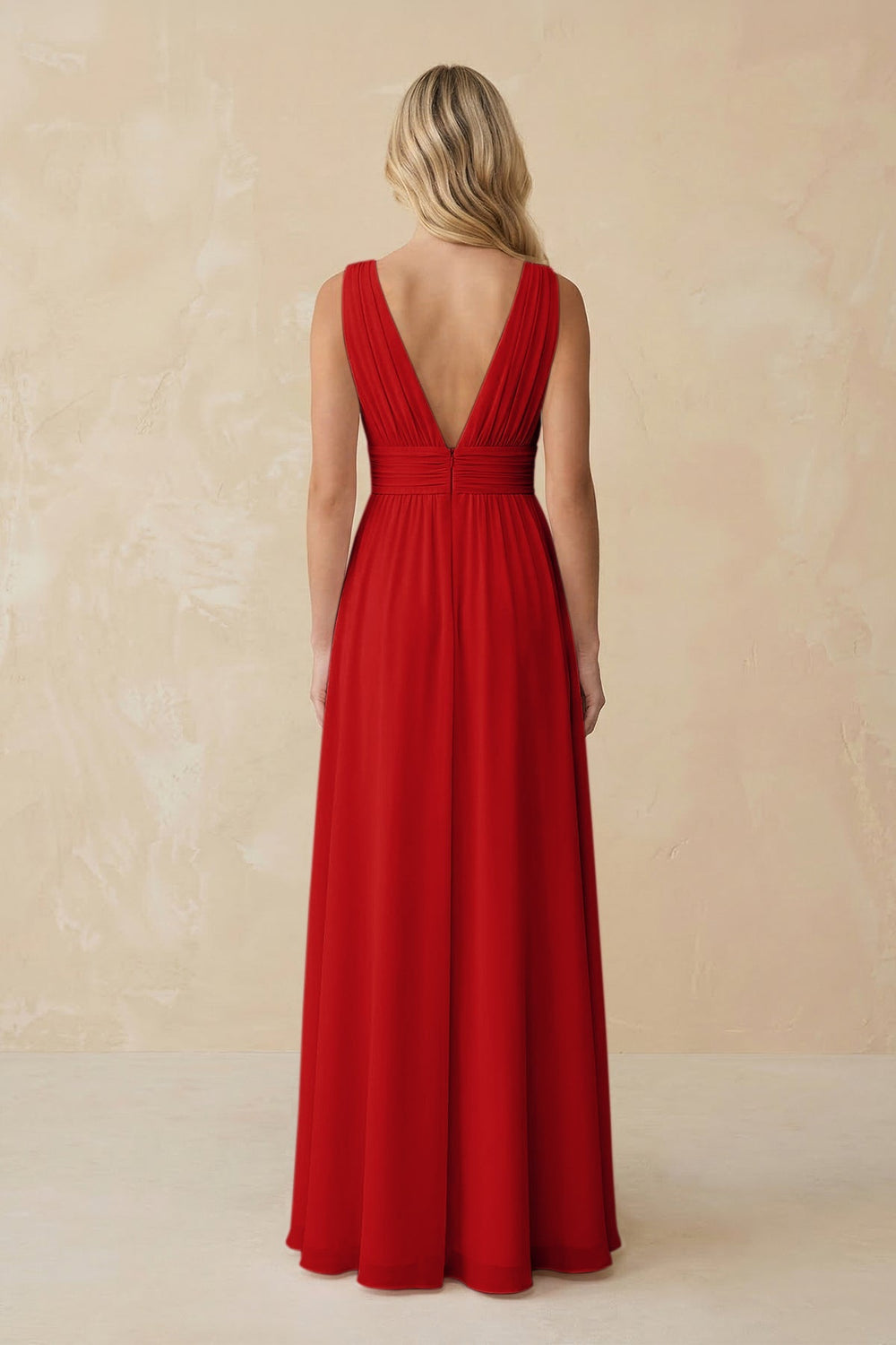 V - Neck A - Line Chiffon Ruched Bridesmaid Dress in Ruby Red - KissProm Bridesmaid Dresses
