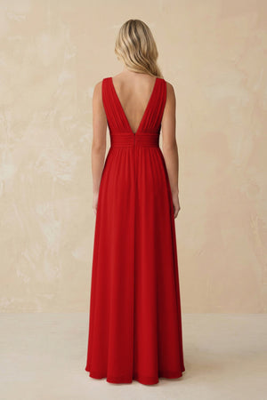 V - Neck A - Line Chiffon Ruched Bridesmaid Dress in Ruby Red - KissProm Bridesmaid Dresses