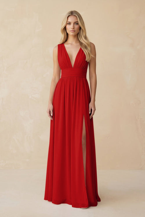 V - Neck A - Line Chiffon Ruched Bridesmaid Dress in Ruby Red - KissProm Bridesmaid Dresses