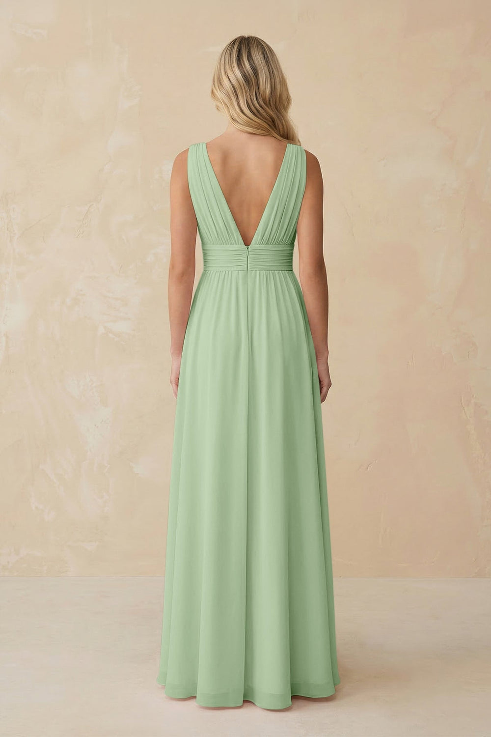 V - Neck A - Line Chiffon Ruched Bridesmaid Dress in Sage - KissProm Bridesmaid Dresses