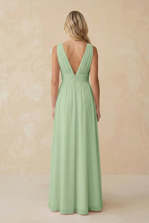 V - Neck A - Line Chiffon Ruched Bridesmaid Dress in Sage - KissProm Bridesmaid Dresses