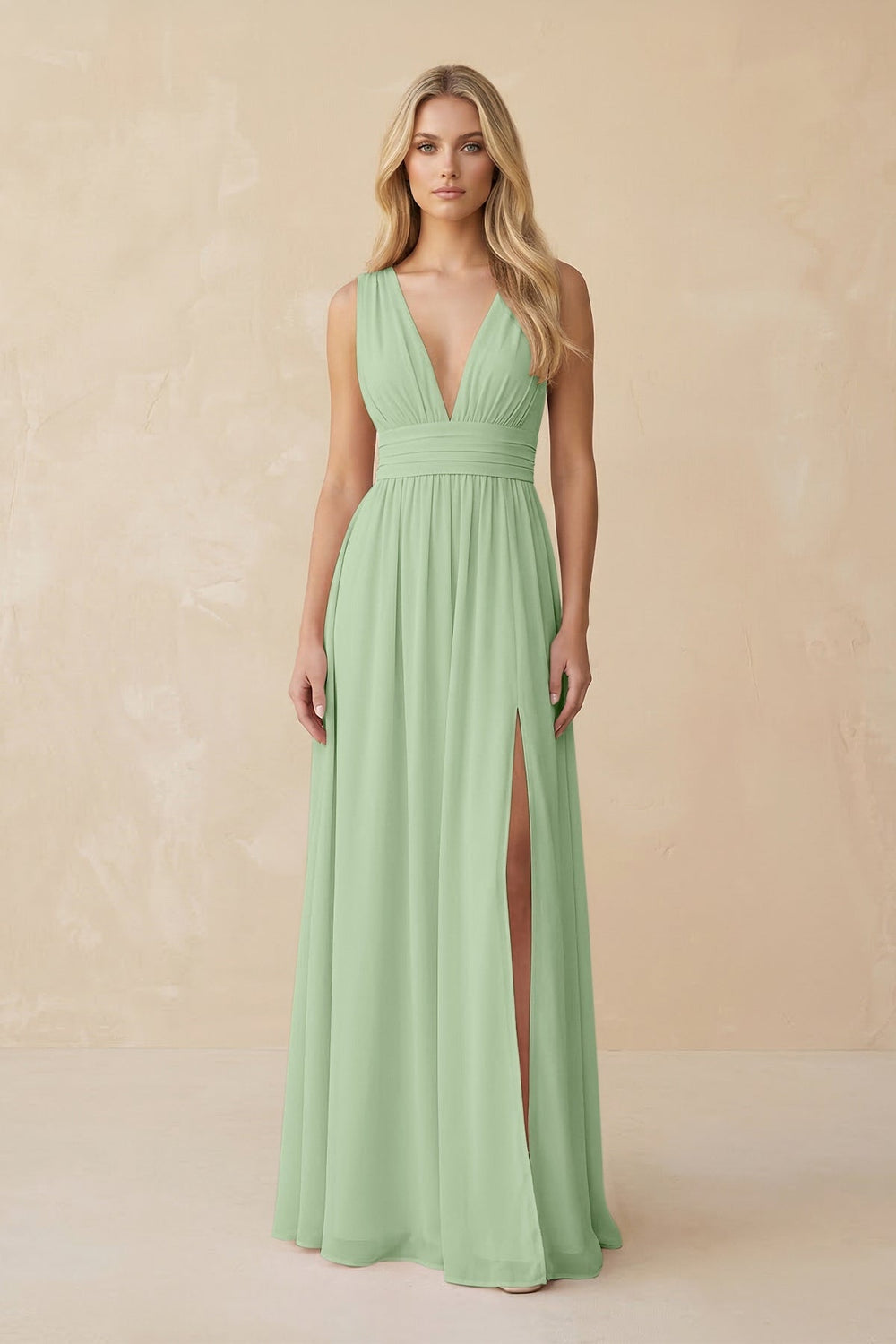 V - Neck A - Line Chiffon Ruched Bridesmaid Dress in Sage - KissProm Bridesmaid Dresses