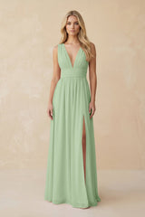 V - Neck A - Line Chiffon Ruched Bridesmaid Dress in Sage - KissProm Bridesmaid Dresses