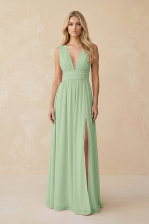 V - Neck A - Line Chiffon Ruched Bridesmaid Dress in Sage - KissProm Bridesmaid Dresses