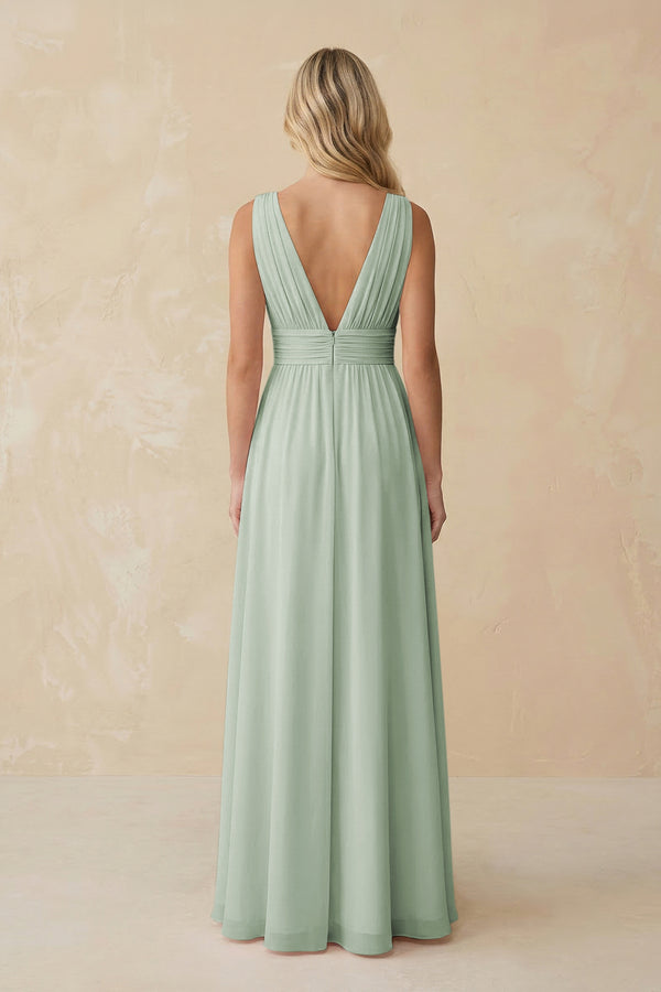 V - Neck A - Line Chiffon Ruched Bridesmaid Dress in Sage - KissProm Bridesmaid Dresses