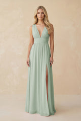V - Neck A - Line Chiffon Ruched Bridesmaid Dress in Sage - KissProm Bridesmaid Dresses