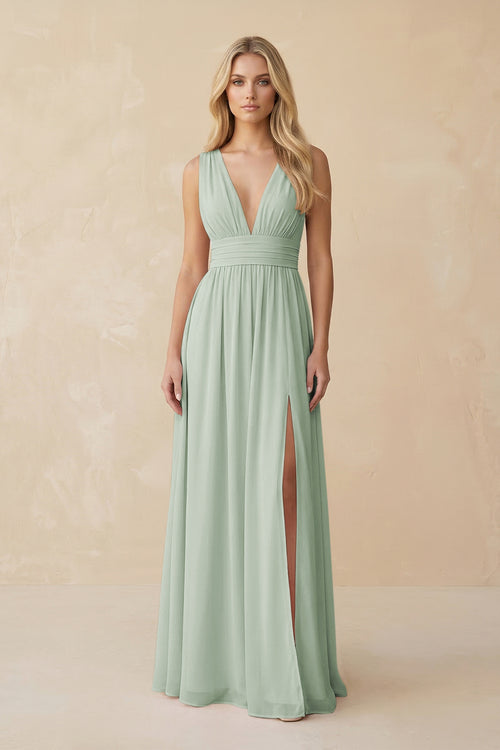 V - Neck A - Line Chiffon Ruched Bridesmaid Dress in Sage - KissProm Bridesmaid Dresses