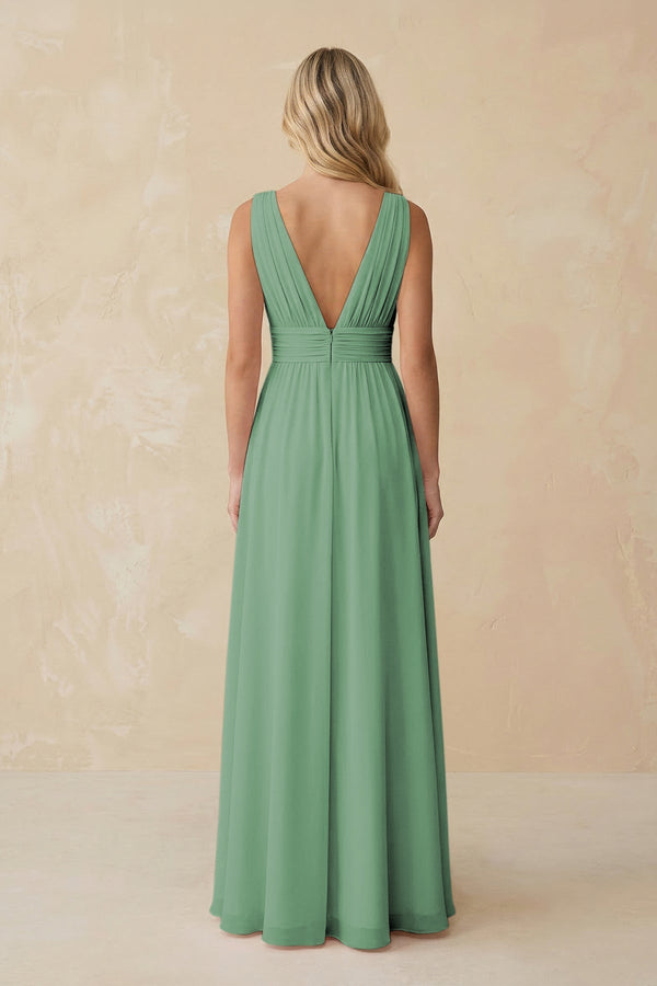 V - Neck A - Line Chiffon Ruched Bridesmaid Dress in Sea Glass - KissProm Bridesmaid Dresses