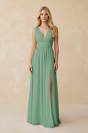 V - Neck A - Line Chiffon Ruched Bridesmaid Dress in Sea Glass - KissProm Bridesmaid Dresses