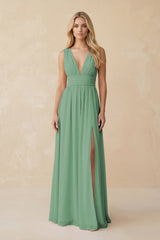 V - Neck A - Line Chiffon Ruched Bridesmaid Dress in Sea Glass - KissProm Bridesmaid Dresses