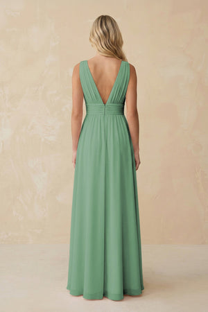 V - Neck A - Line Chiffon Ruched Bridesmaid Dress in Sea Glass - KissProm Bridesmaid Dresses