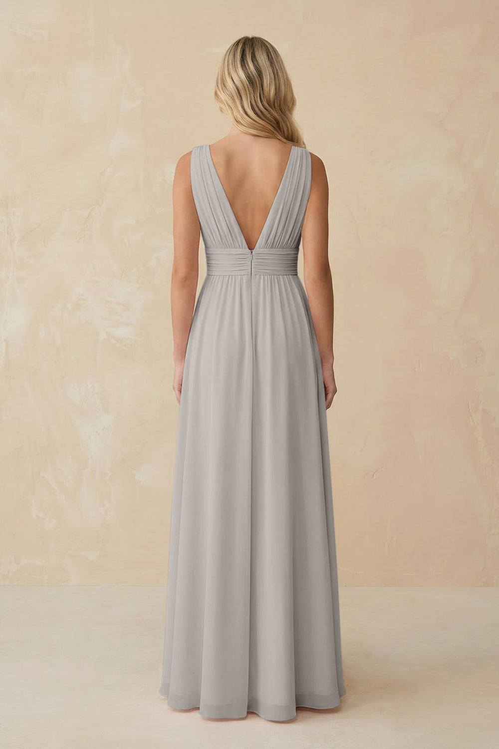 V - Neck A - Line Chiffon Ruched Bridesmaid Dress in Silver - KissProm Bridesmaid Dresses